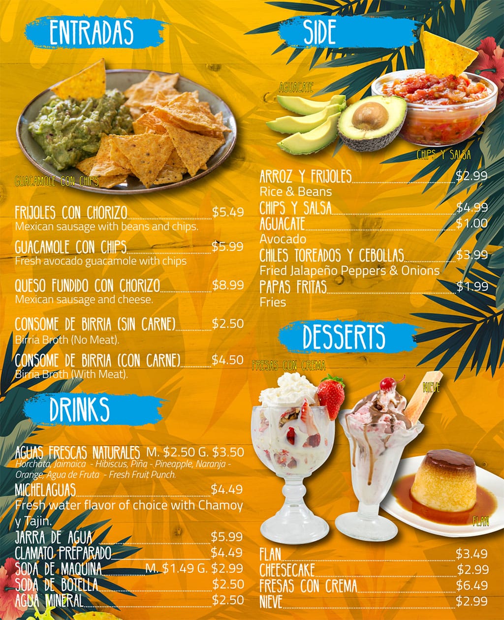 Puerto Vallarta Mexican Grill menu - entradas, sides, drinks, desserts