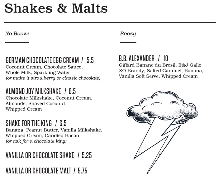 Punch Bowl Social Salt Lake City brunch menu - shakes and malts