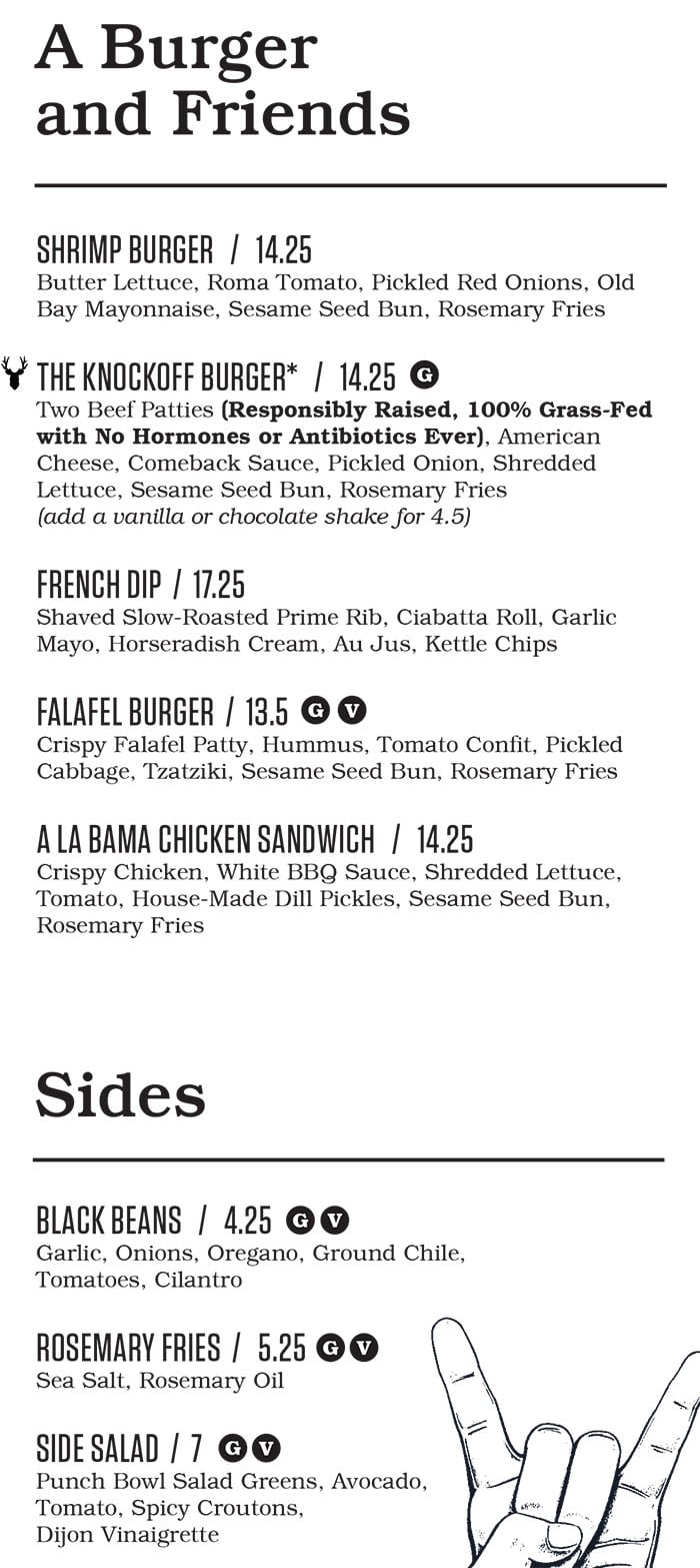 Punch Bowl Social Salt Lake City brunch menu - burgers, sandwiches, sides