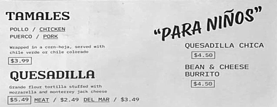 Real Taqueria menu - other dishes, kids