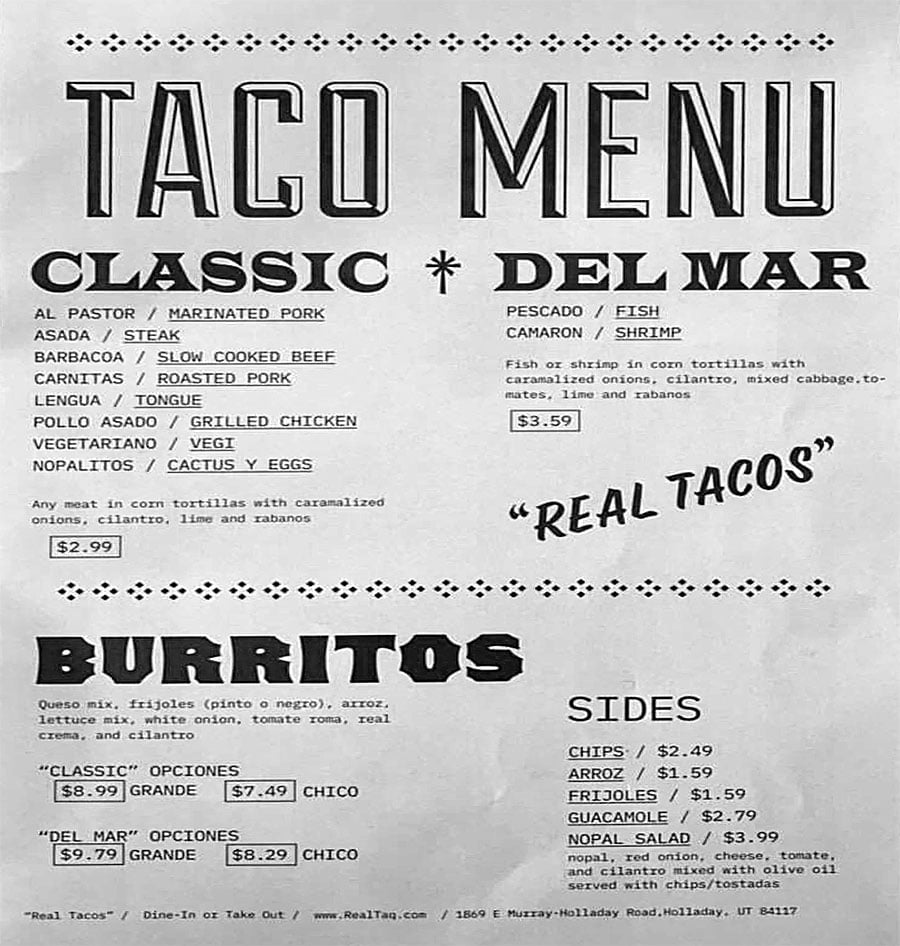 Real Taqueria menu - tacos, burritos
