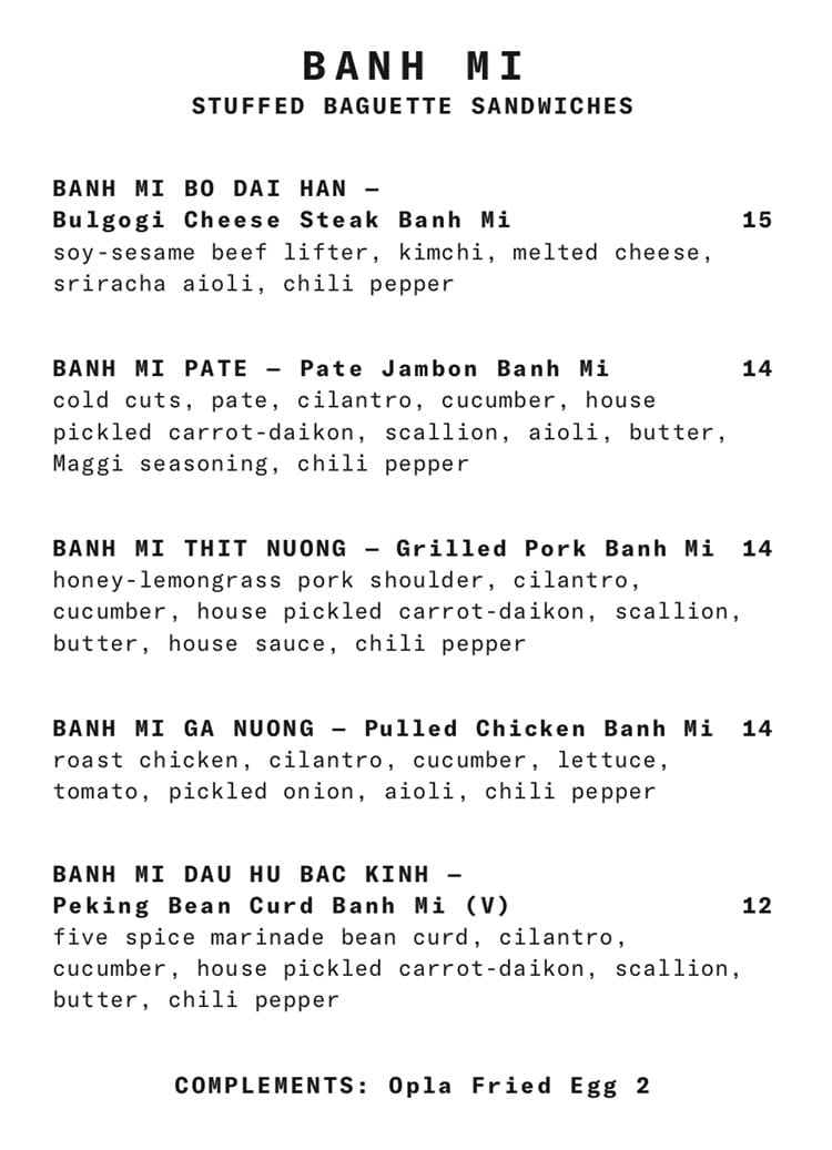 SAOLA Restaurant menu - banh mi