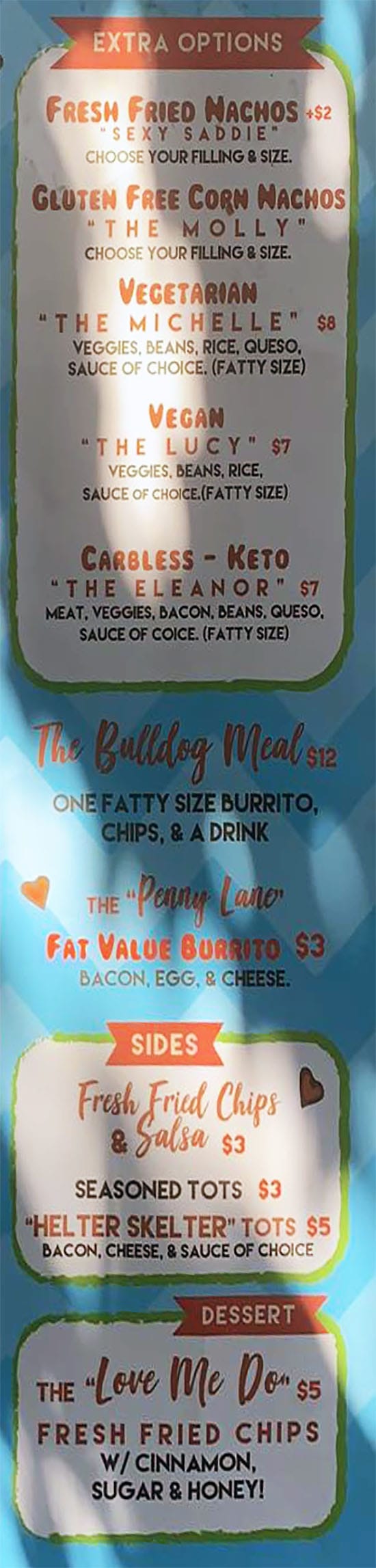 Sgt. Pepper's FAT Burrito food truck menu -options, meals, sides, dessert