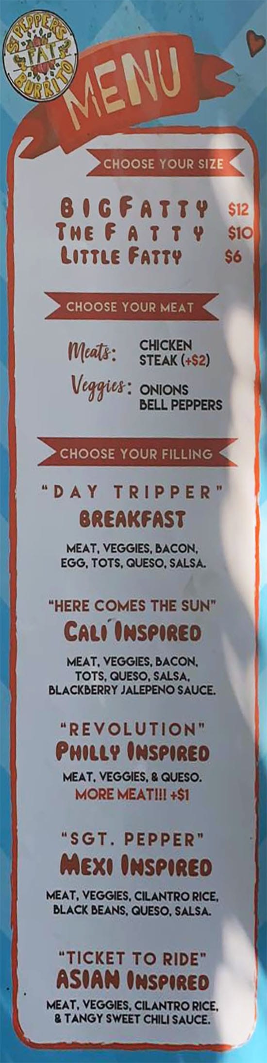 Sgt. Pepper's FAT Burrito food truck menu - size, meat, filling