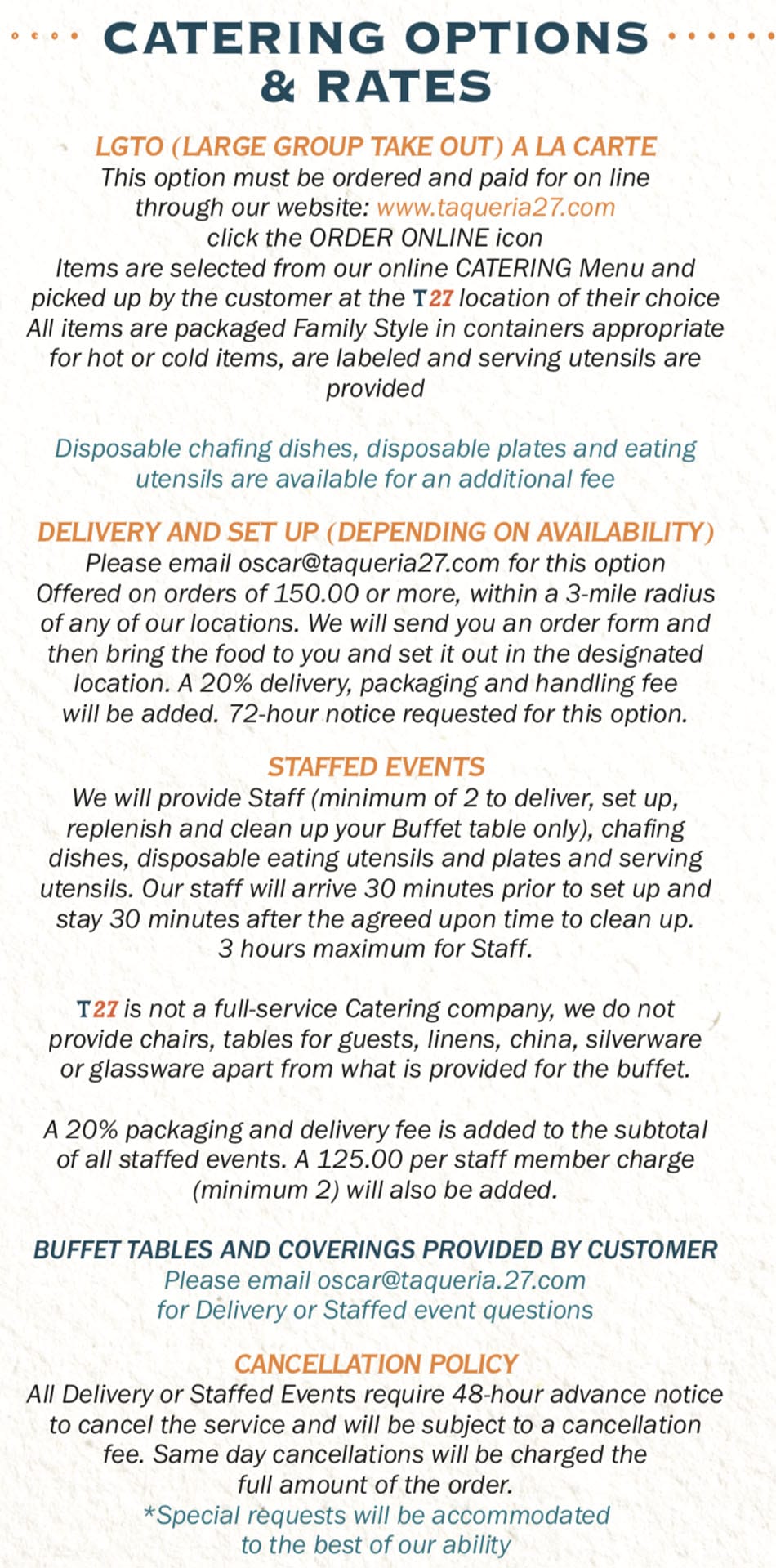 Taqueria 27 menu - catering options