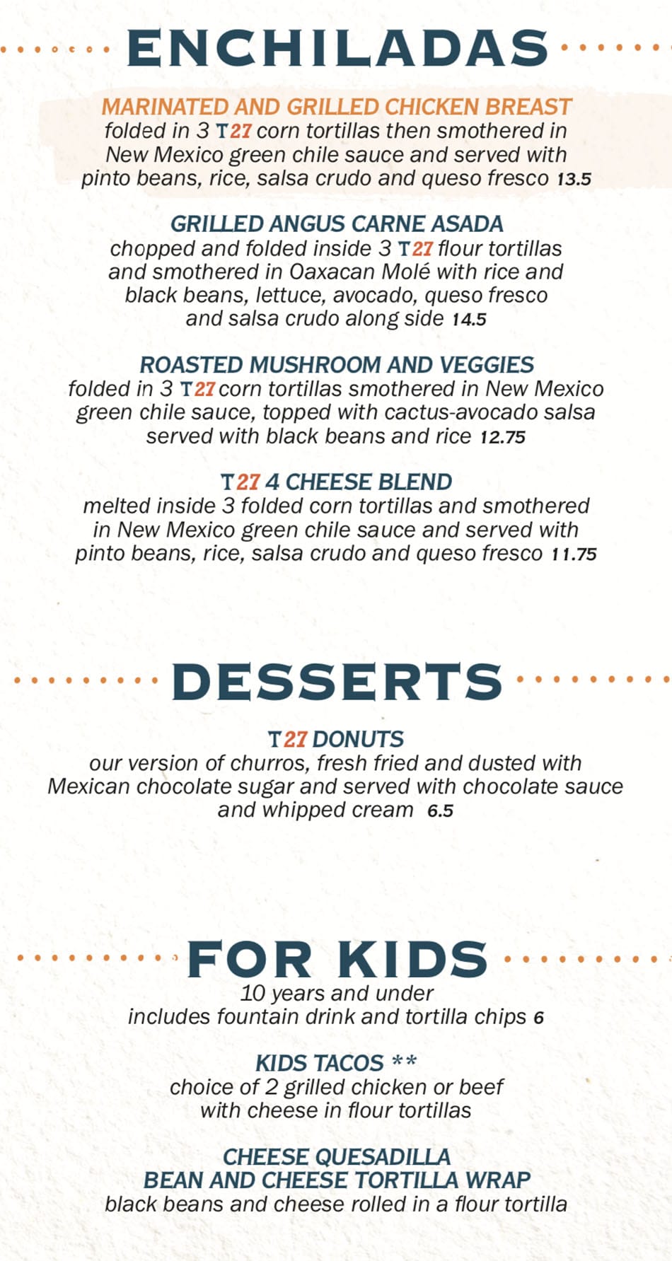 Taqueria 27 menu - enchiladas, desserts, kids