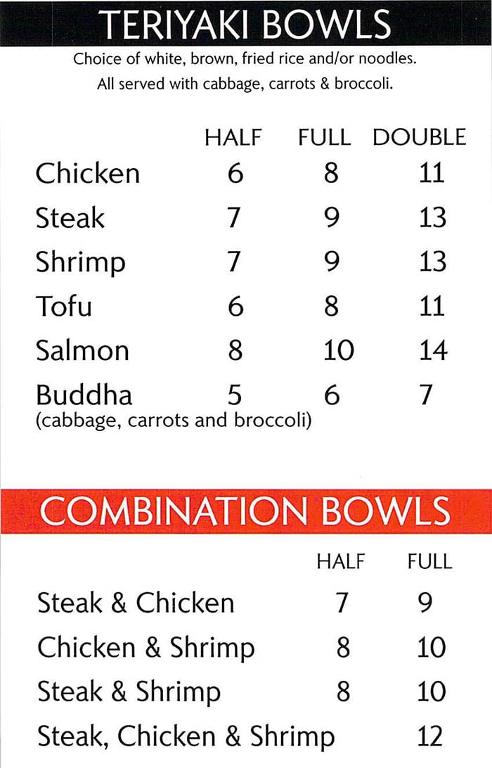 Tokyo Teriyaki menu - teriyaki bowls, combo bowls