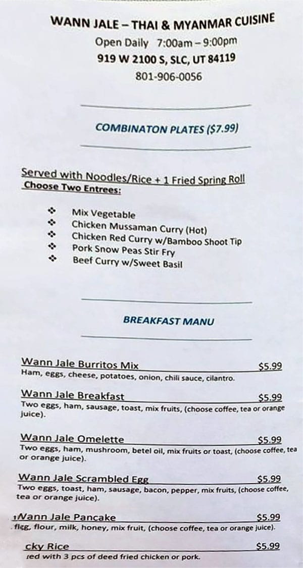 Wann Jale menu - combos, breakfast