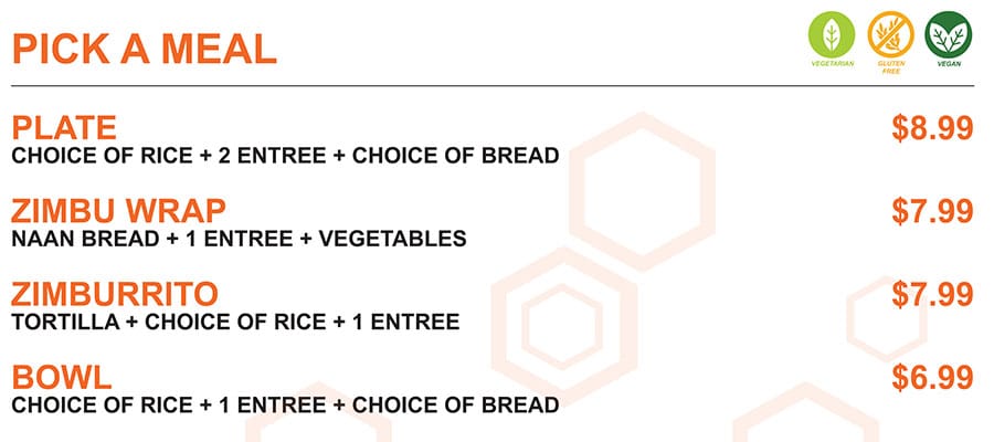 Zimbu menu - pick a meal