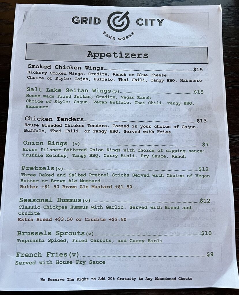 Grid City Beer Works menu Sep 2023 - appetizers