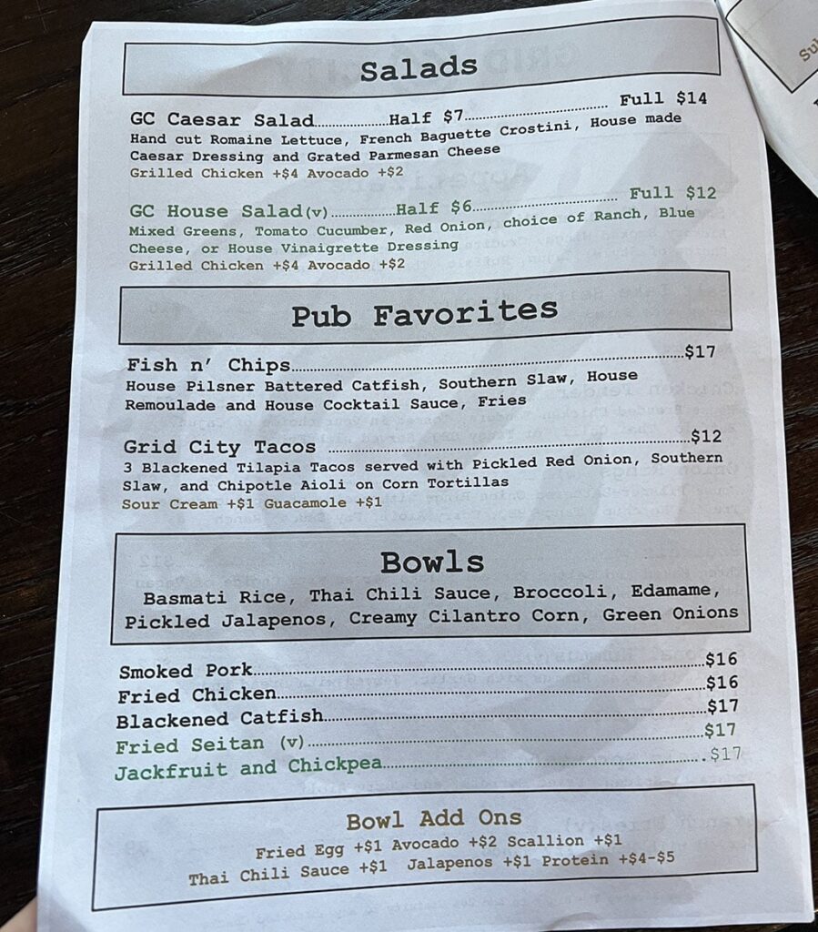 Grid City Beer Works menu - salads, favorites, bowls