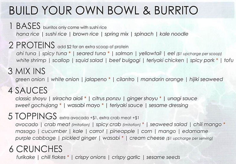 Hanaya Poke menu - build your own bowl and burrito