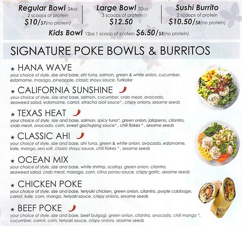 Hanaya Poke menu - poke bowls and burritos