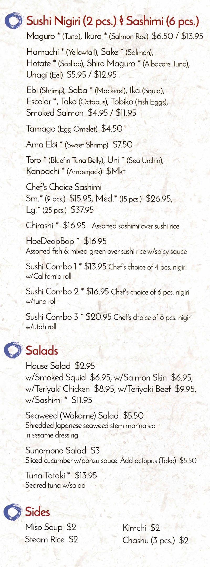 Hi Sushi Japanese Restaurant menu - nigiri, sashimi, salads, sides