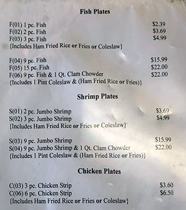 Lee's Fish And Rice menu - fish plates, shrimp plates, chicken plates