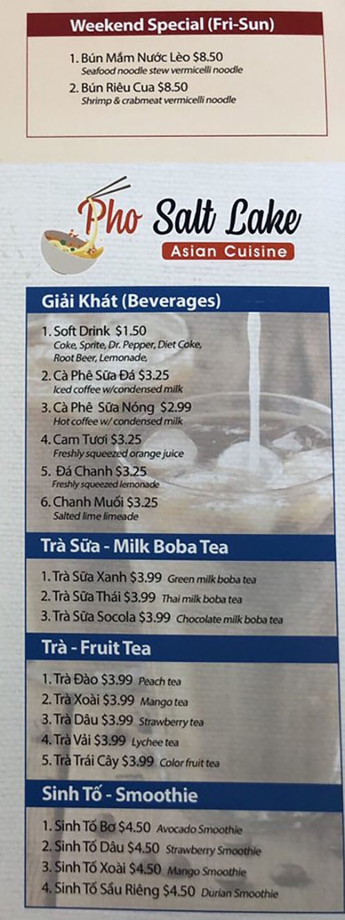 Pho Salt Lake menu -weekend special, beverages