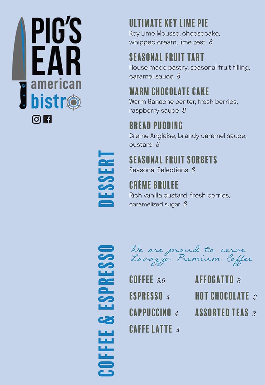 Pig's Ear American Bistro menu - dessert, coffee