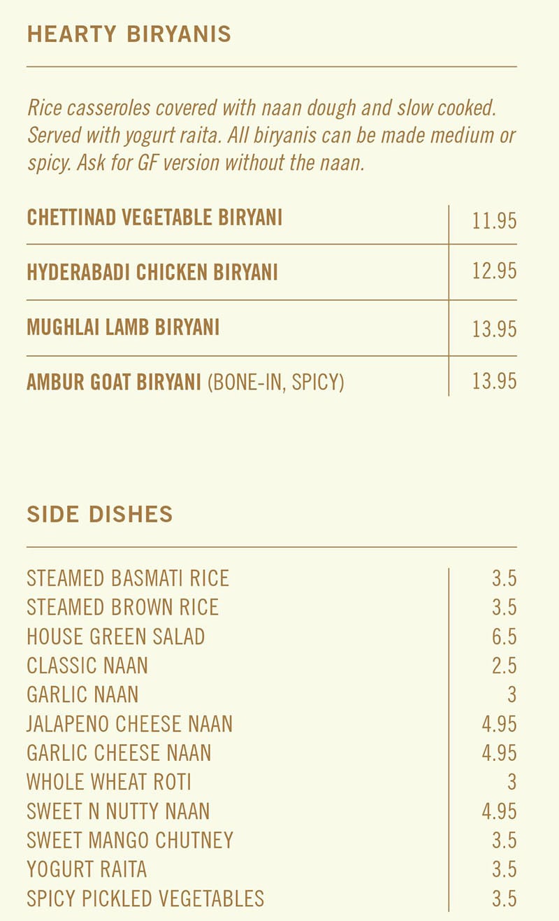 Saffron Circle menu - biryani, sides
