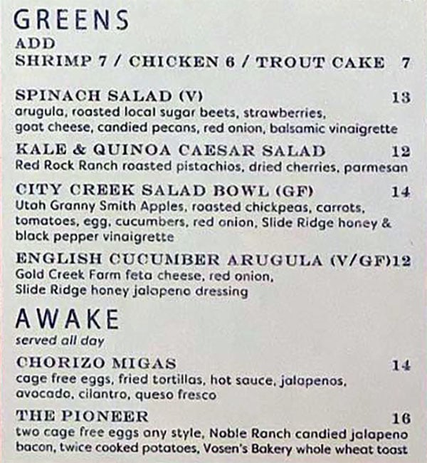 Salt Stone menu - greens awake