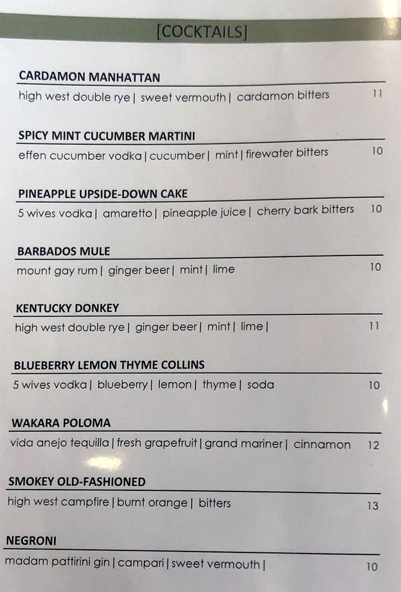Wakara Bar menu - cocktails