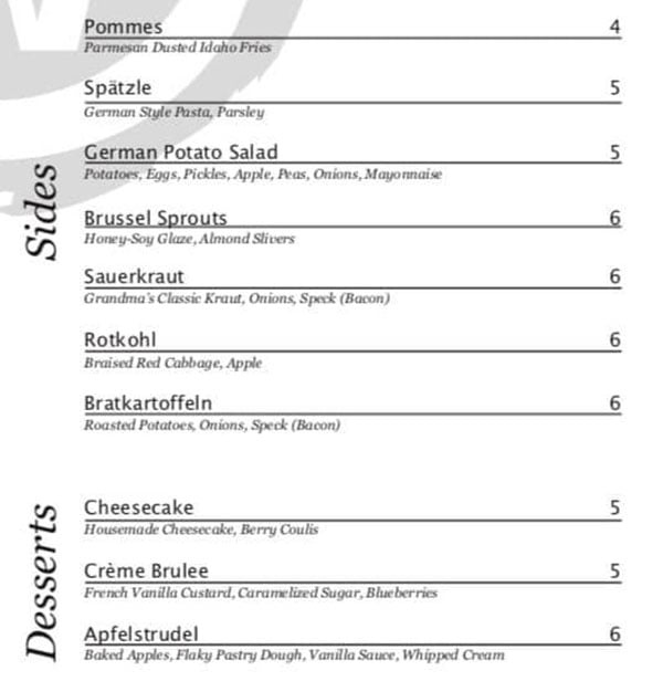 Weller's Bistro menu - sides, desserts