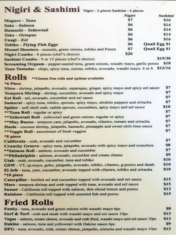 Yellowfinn Sushi Bar And Grill menu - nigiri, sashimi, rolls, fried rolls