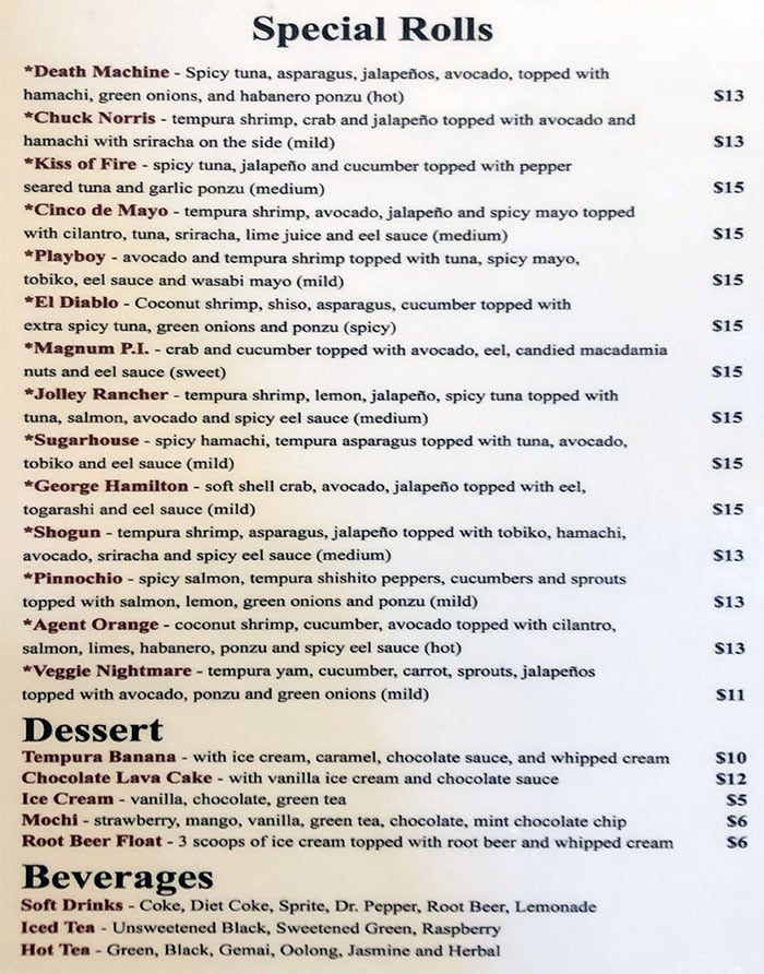 Yellowfinn Sushi Bar And Grill menu - special rolls, desserts, beverages