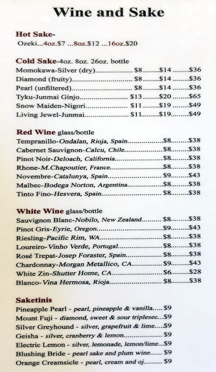 Yellowfinn Sushi Bar And Grill menu - wine and sake