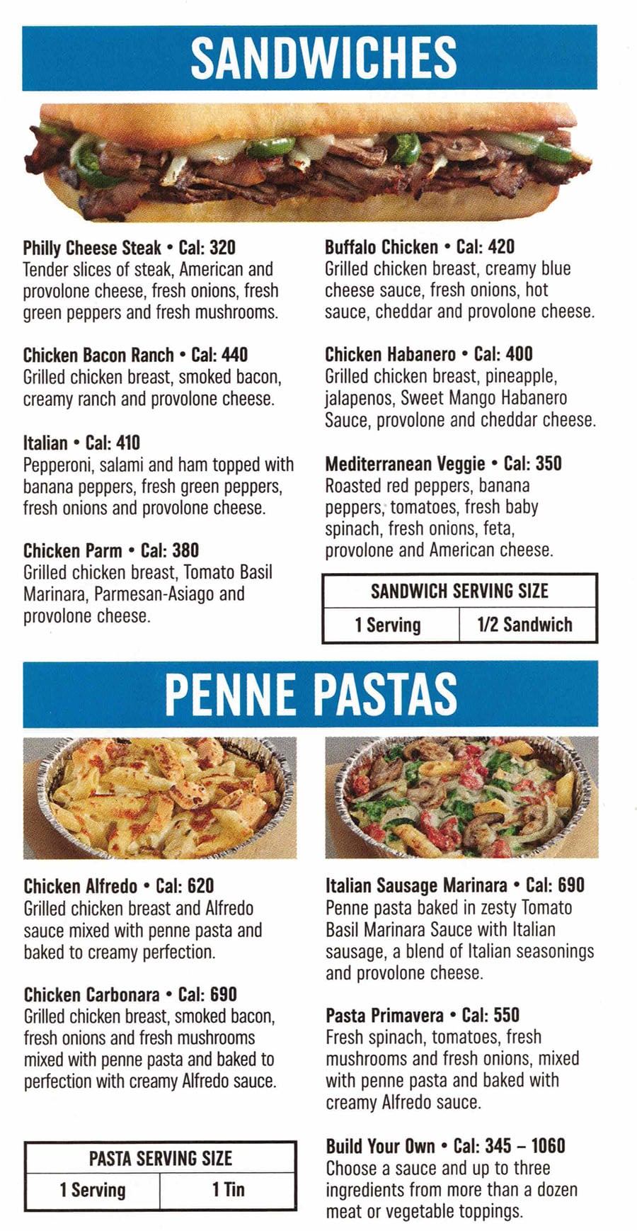 Domino's Pizza menu - sandwiches, penne pasta