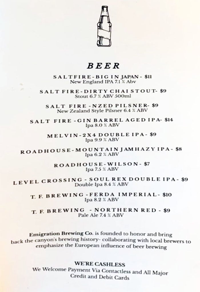 Emigration Brewing Co menu - beer