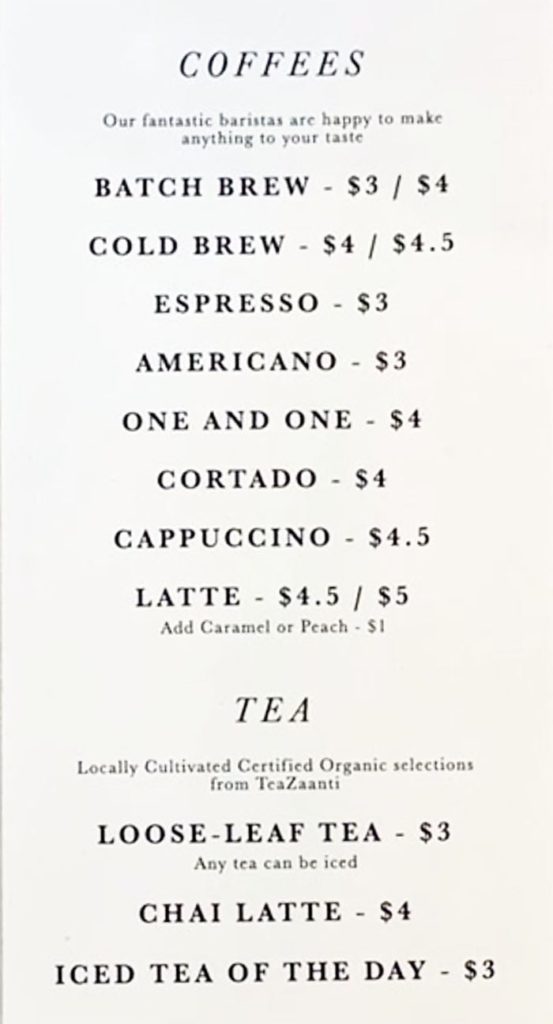 Emigration Brewing Co menu - coffee, tea