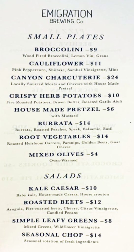 Emigration Brewing Co menu - small plates