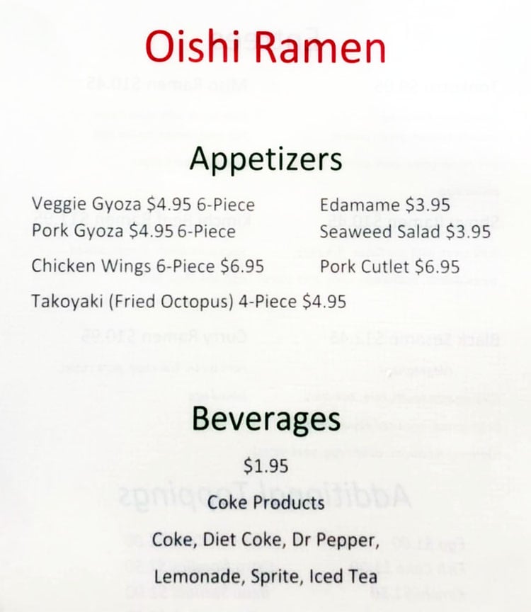 Oishi Ramen menu - appetizers, beverages