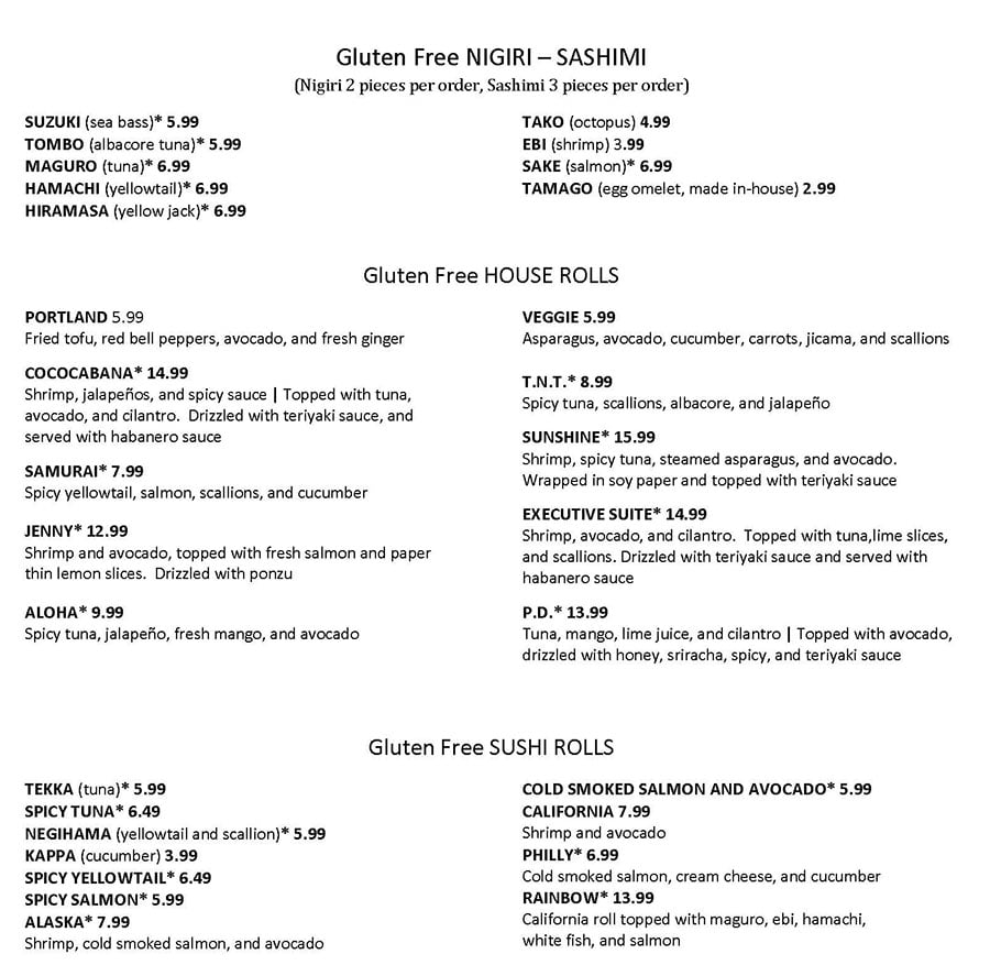 Tsunami curbside menu - gluten free page two