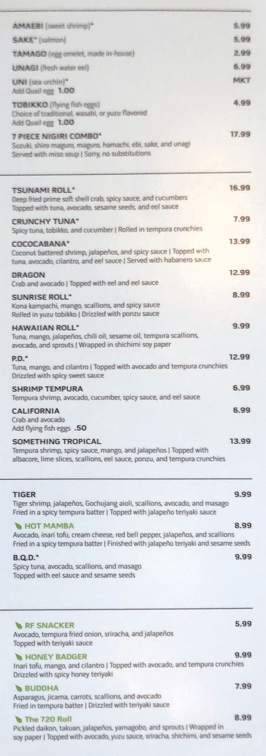 Tsunami menu - nigiri, sashimi, house rolls, tempura rolls, vegetarian rolls 2