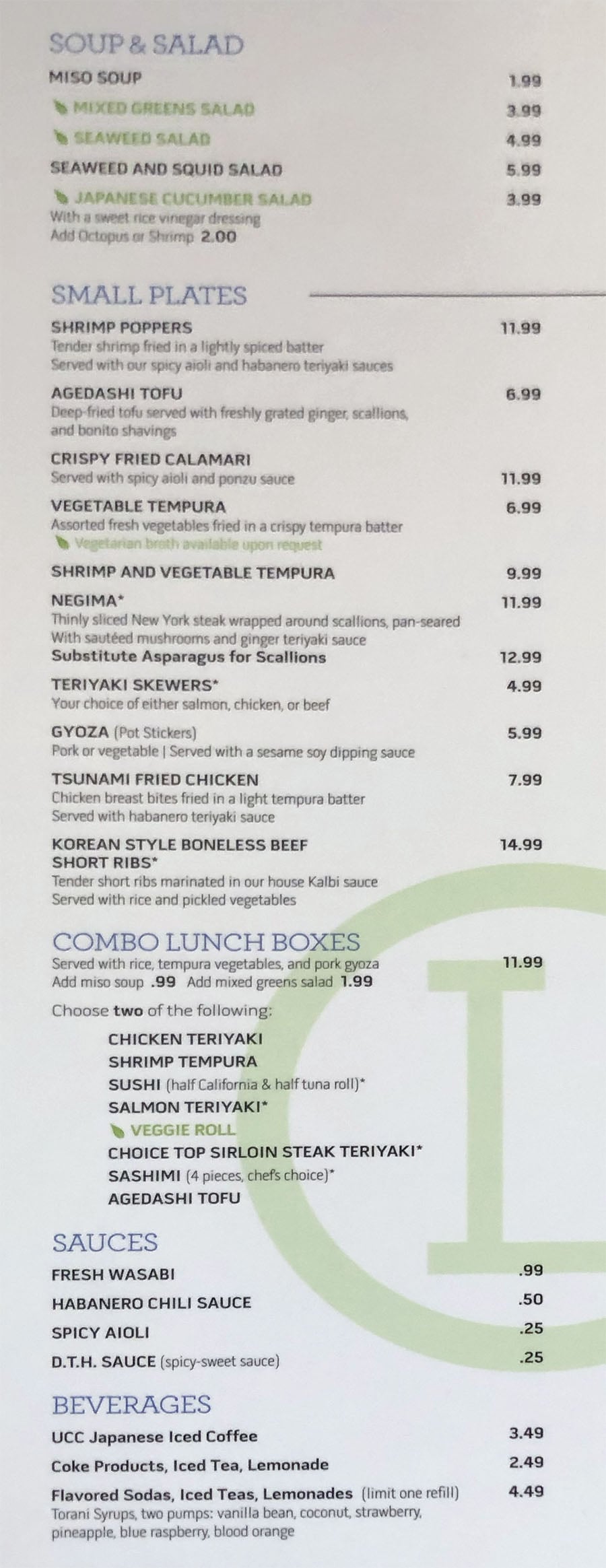 Tsunami menu - soup, salad, small plates, lunch bento boxes, sauces, beverages