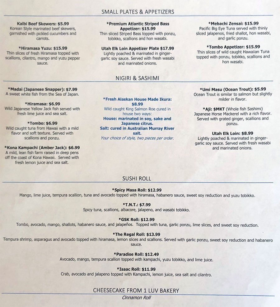 Tsunami menu - specials menu