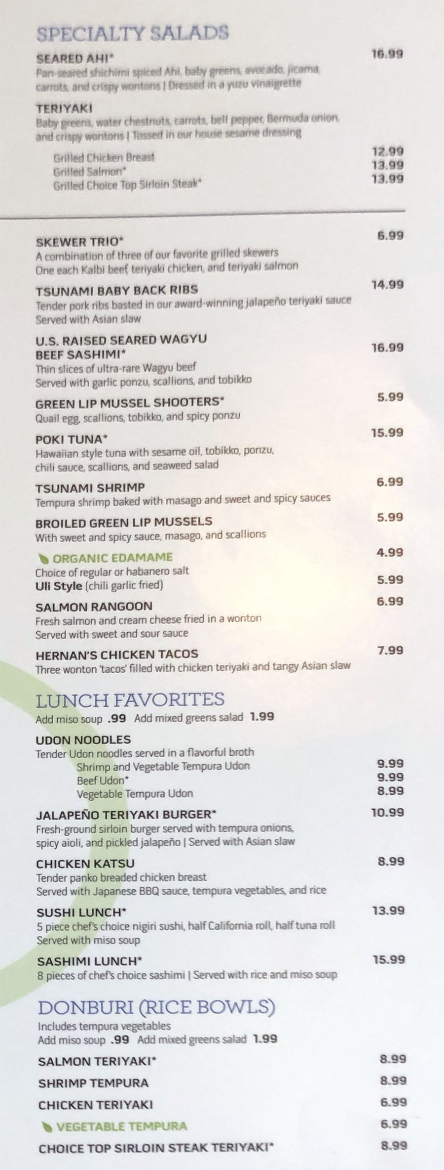 Tsunami menu - specialty salads, small plates, lunch favorites, donburi