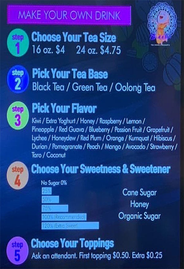 7 Buddha Tea menu - make your own drink