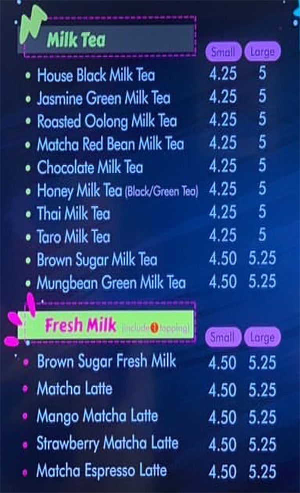7 Buddha Tea menu - milk tea