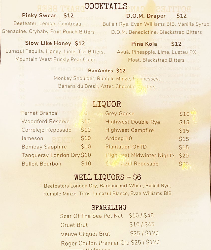 Beer Zombies menu - cocktails, sparkling, liquor