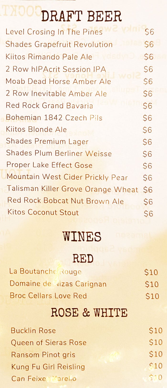 Beer Zombies menu - draft beer, wine