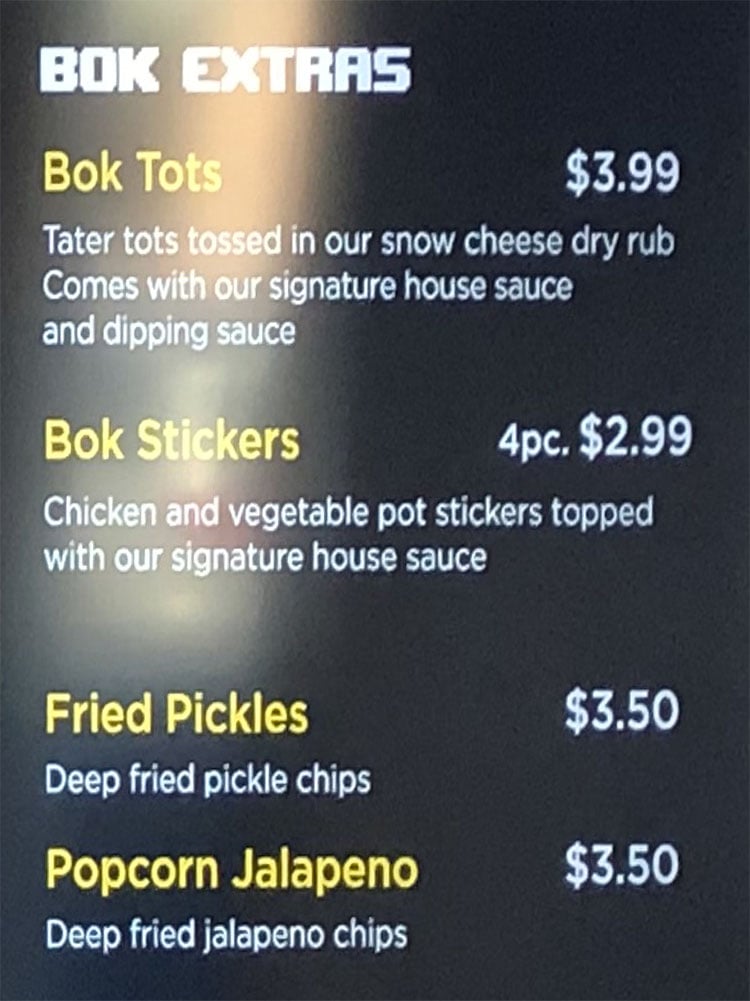 Bok Bok Utah menu - bok extras