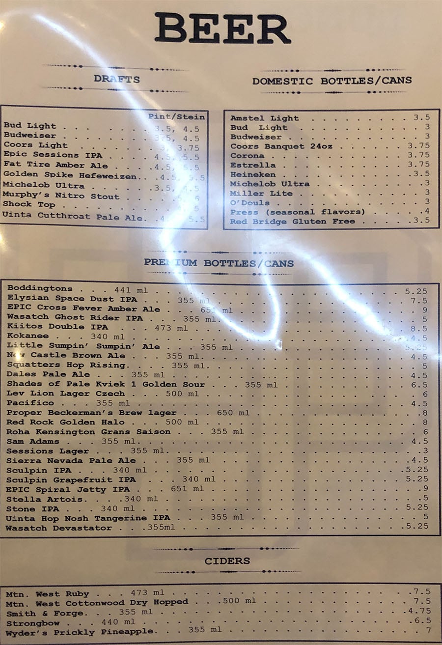 Brickyard Bar menu - beer, cider