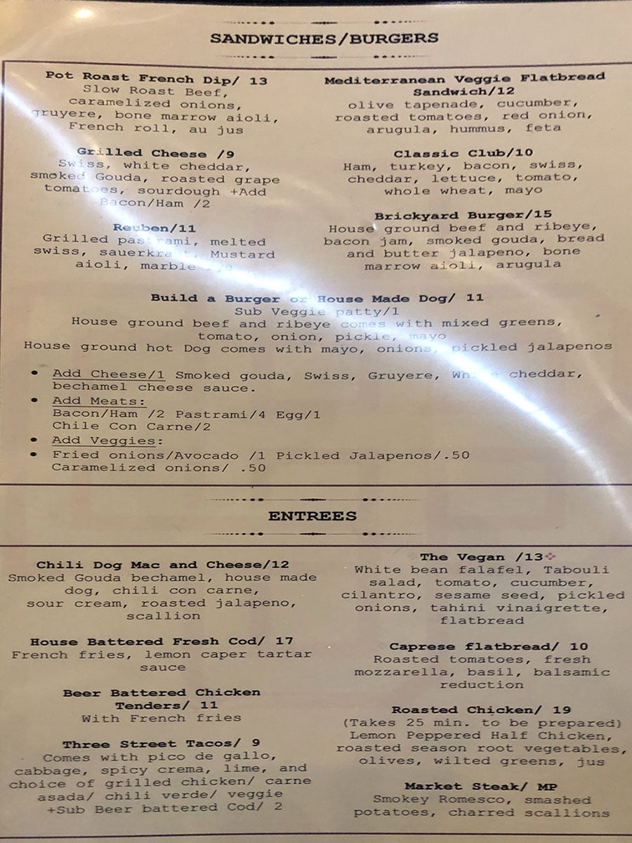 Brickyard Bar menu - sandwiches, burgers, entrees