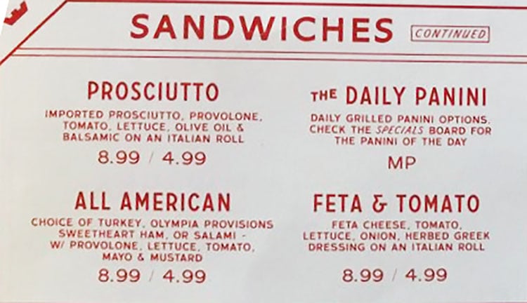 Caputo's Holladay menu - sandwiches