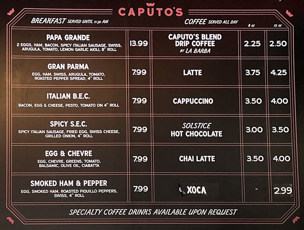 Caputo's menu - breakfast, coffee