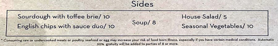 Cultivate Craft Kitchen menu - sides