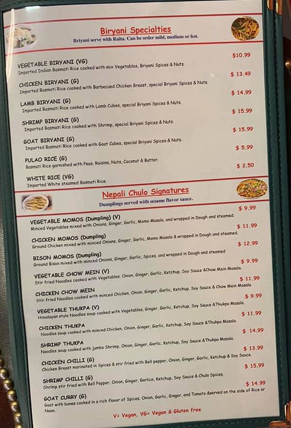 Nepali Chulo menu - biryani, specialties