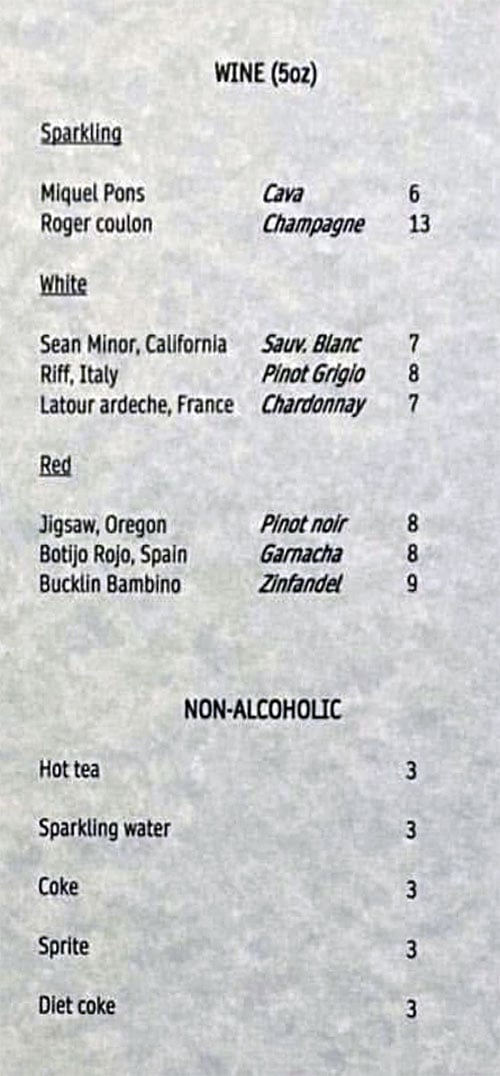 Nohm menu - wine, non alcholic drinks